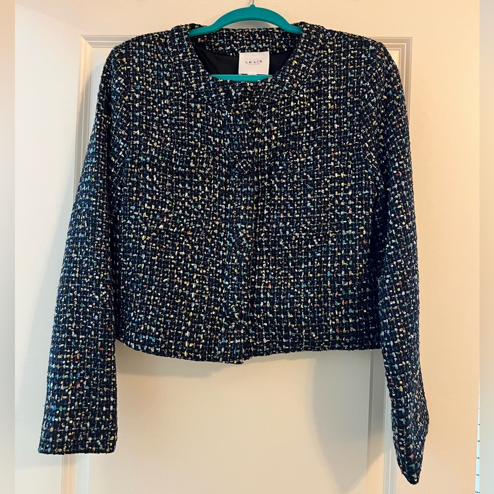 Le Lis Black & Navy Multicolor Tweed Sequin Jacket